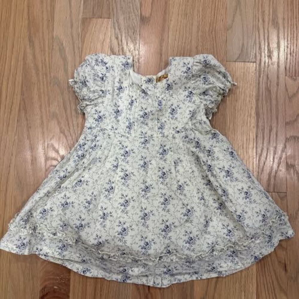 Vintage April Cornell Cream and Blue Floral Cotton Baby/Toddler Dress 6-12M